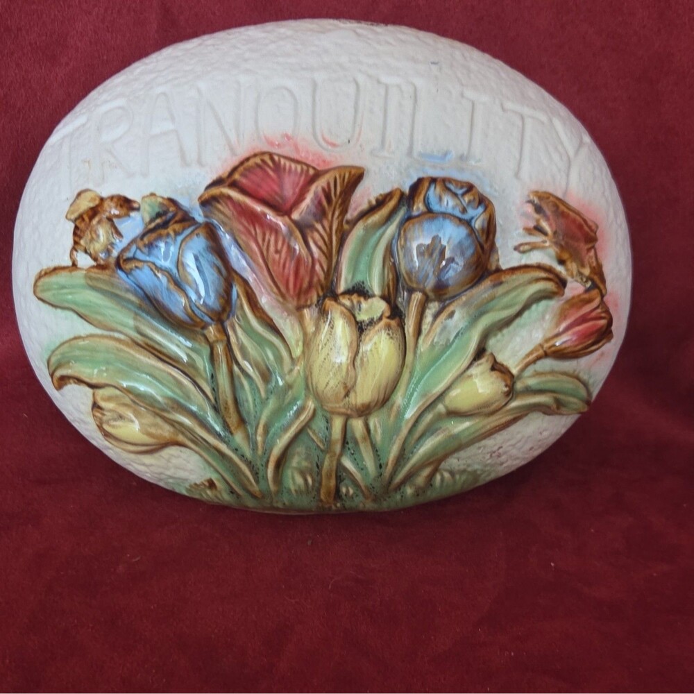 Ceramic Tulip Floral  3D Relief Oval Art Decor White Multicolor Tranquility